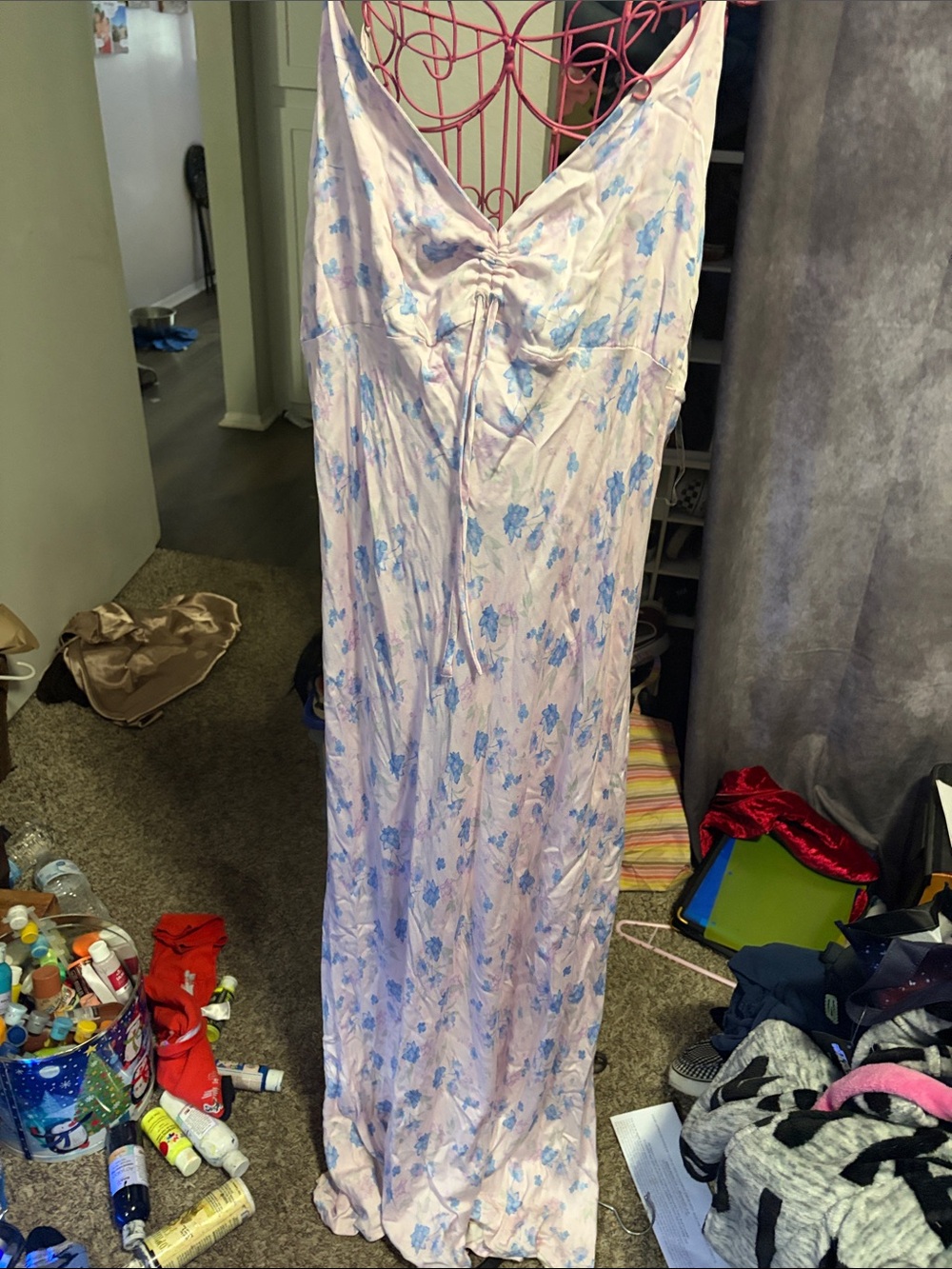 wild fable Light Pink Satin Slip Chemise with Blue Floral Print